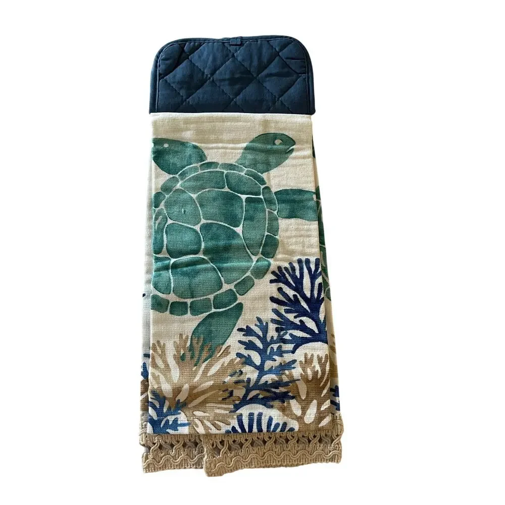Handmade Nautical Hanging Towel Beachy Coastal Turtle Coral Blue